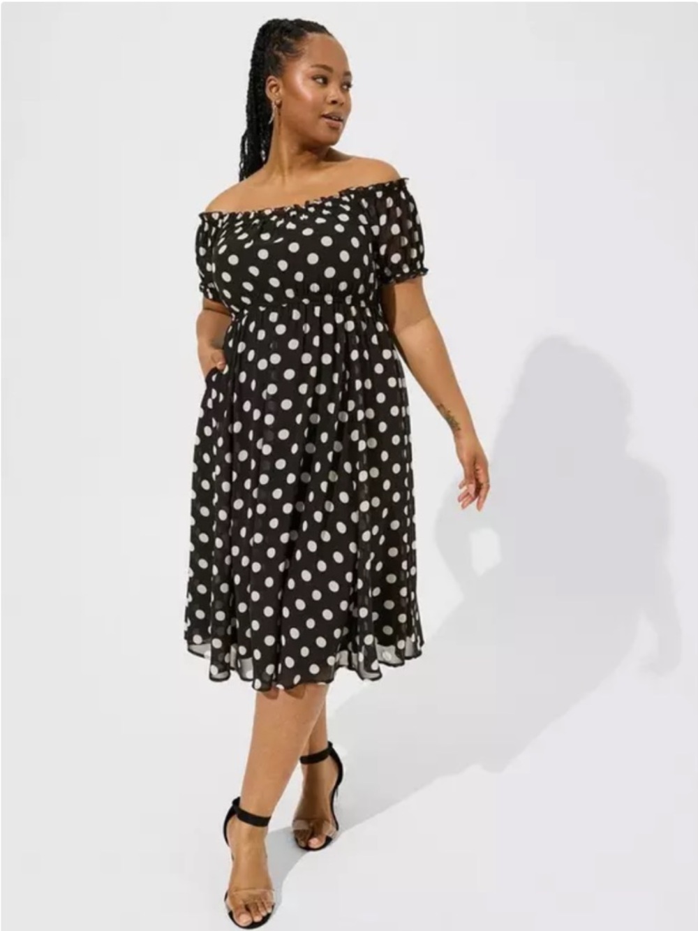 NEW Torrid Balck White Polka Dot Midi Chiffon Off Shoulder Peasant Dress Size 0X